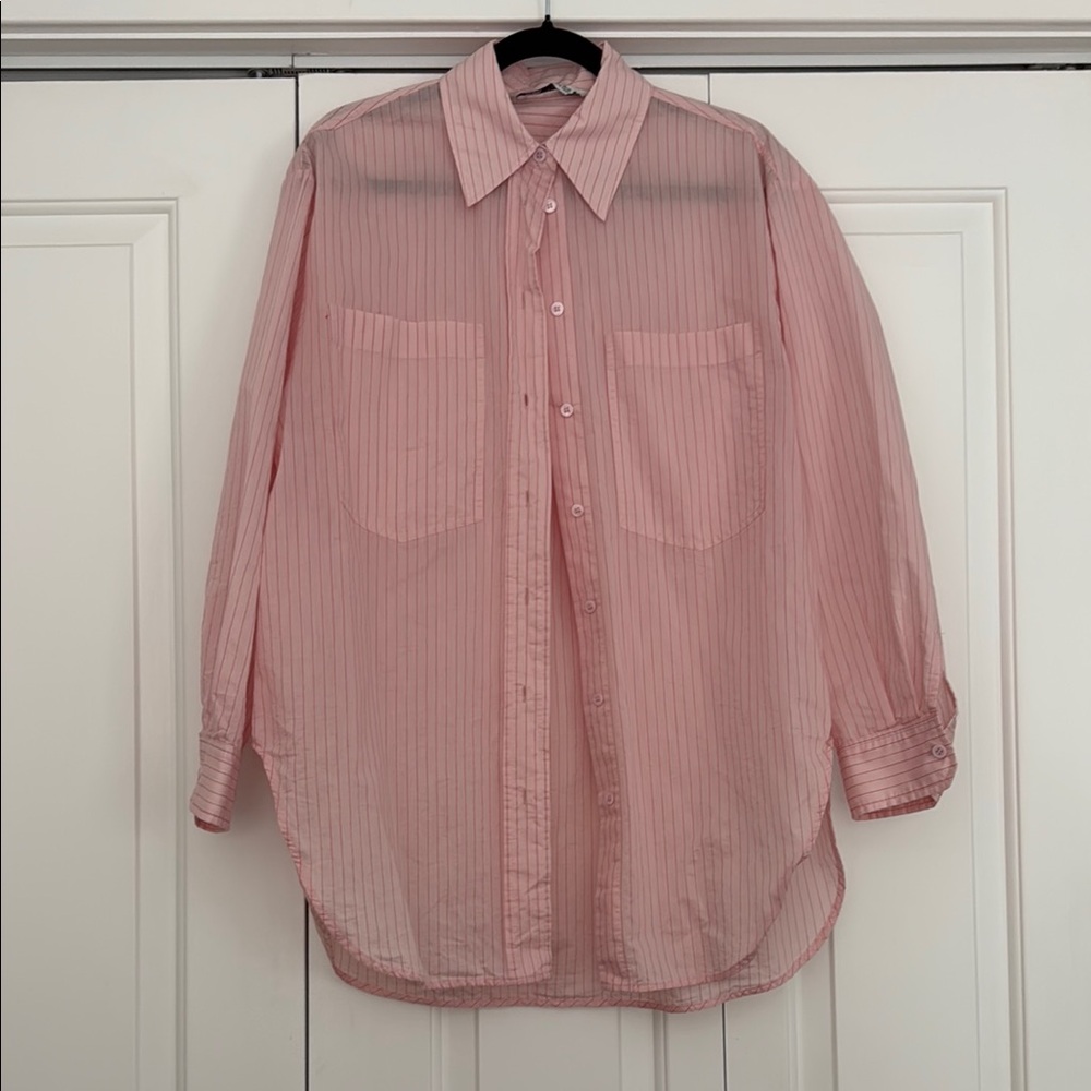 Oversized pink button down with red stripes